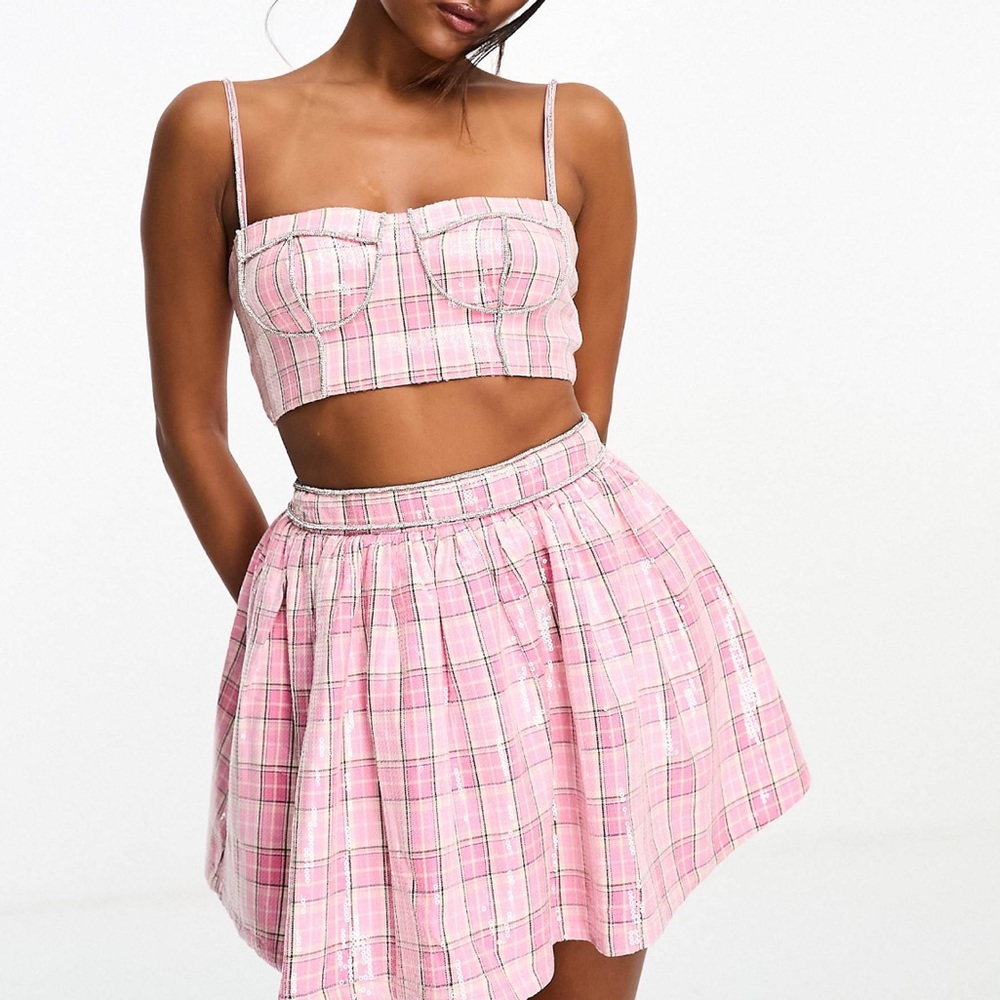 Mini Skirt & Corset Pink Check Sequin